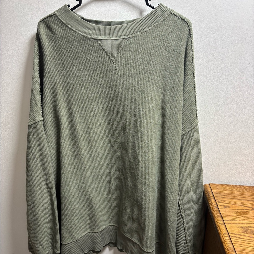 aerie Olive Green Ribbed Crewneck Sweatshirt